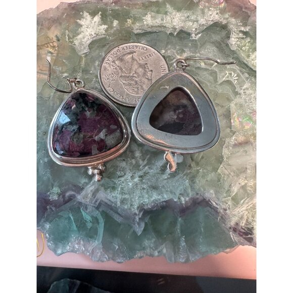 Triangular Sterling Silver Dangle Earrings With Colorful Gemstone Inlay - Picture 3 of 3